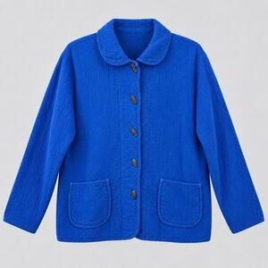 By JJ Clothing Cotton Crinkle Button Up Boxy Jacket Medium Blue Artsy Lagenlook